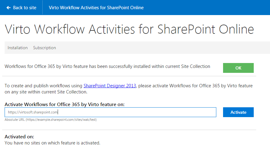 Activate the Workflows for Office 365 by Virto